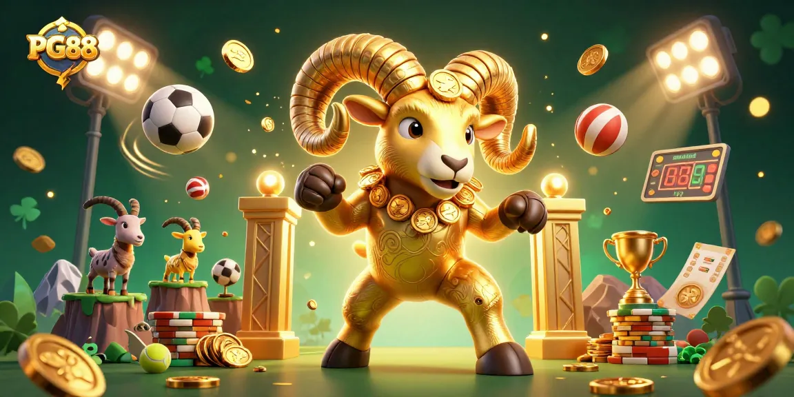 Engage in thrilling PG88 betting adventures with a golden ram charging through a vibrant casino scene.