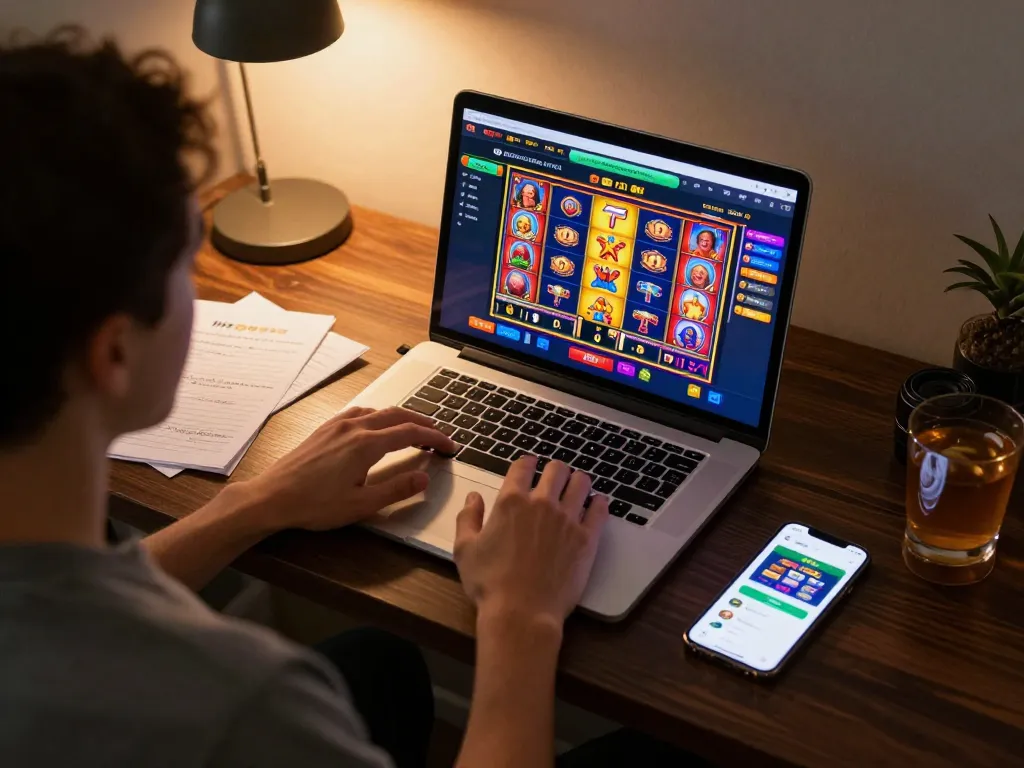 Engaging online gaming session featuring 9bet slot gameplay, cozy home setting with player focused on winning.