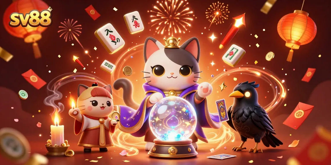 Engage with sv88's vibrant casino world featuring fortune teller and tarot raven in a captivating 3D illustration.