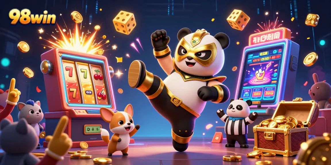 Bet on big wins with 98win in this lively casino-themed scene, featuring fun characters and vibrant game elements.