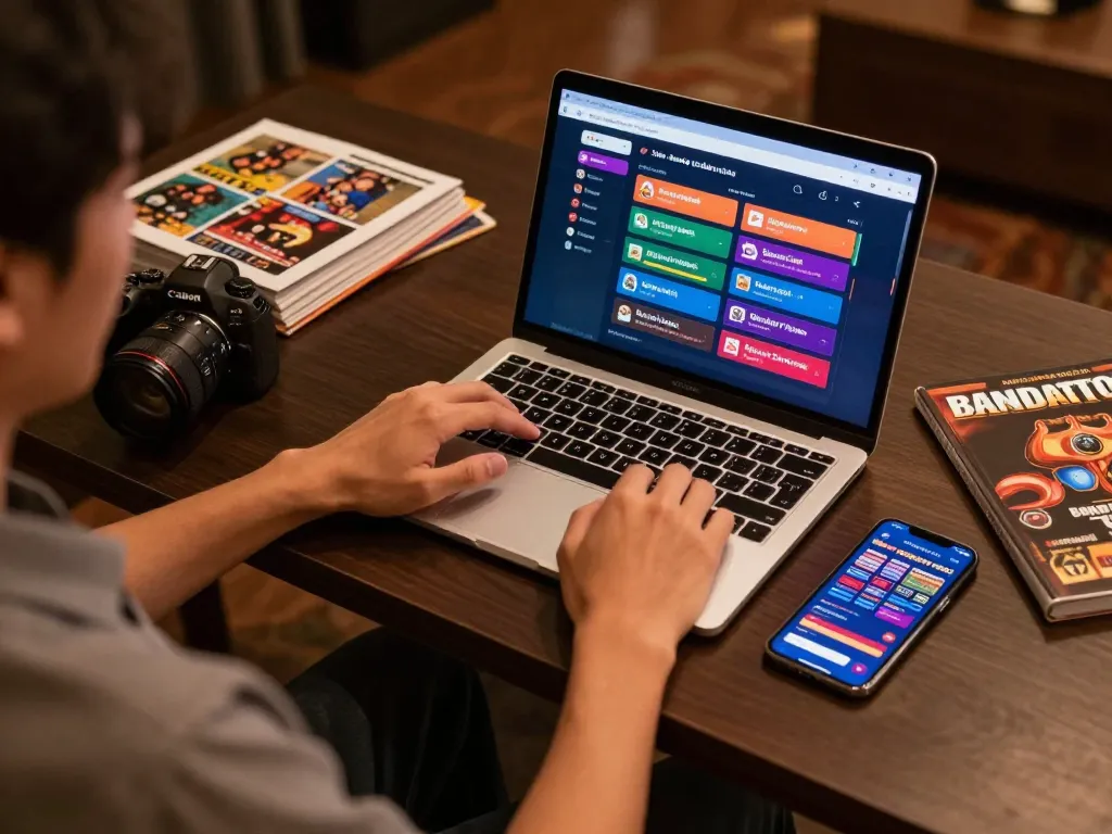 Bertaruh pada bandar togel menggunakan laptop ramping yang menampilkan antarmuka permainan yang hidup di lingkungan rumah yang stylish