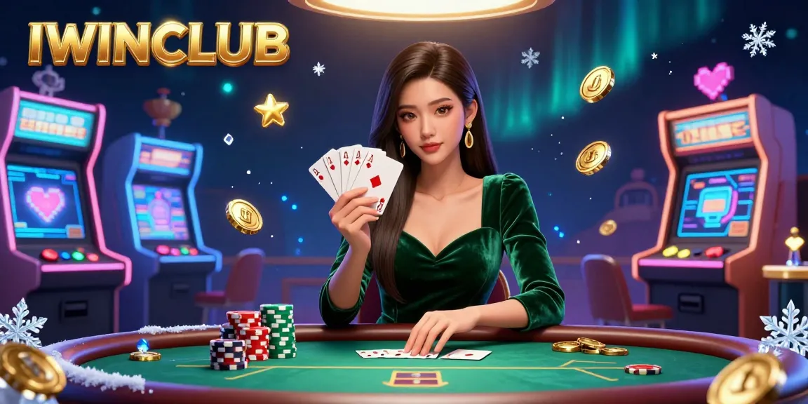 Engage with IWINCLUB at a luxury poker table showcasing vibrant arcade elements.