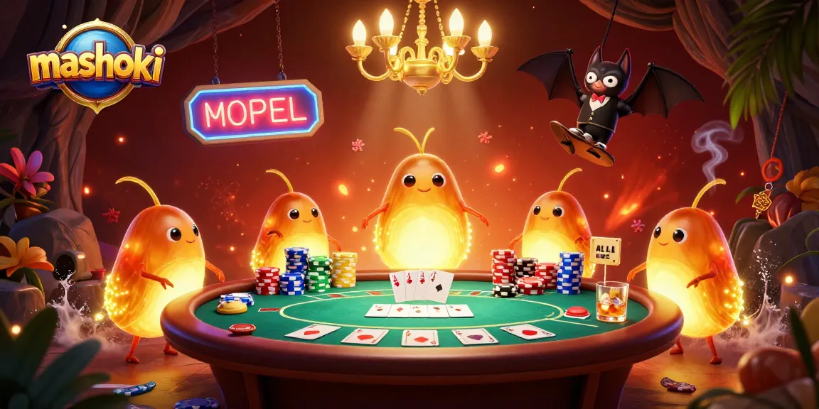 Engage in thrilling poker action at Mashoki's illuminated cave casino with vibrant glowworms and stacked chips.
