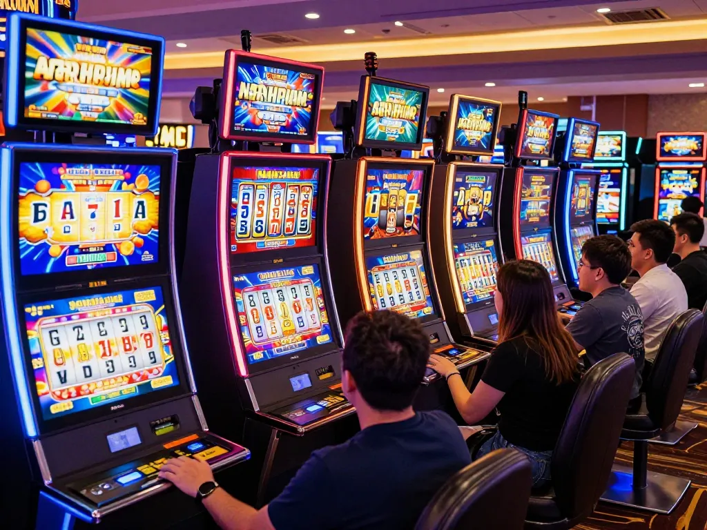 Players celebrating wins on vibrant slot machines, showcasing VT88 casino excitement and engagement.