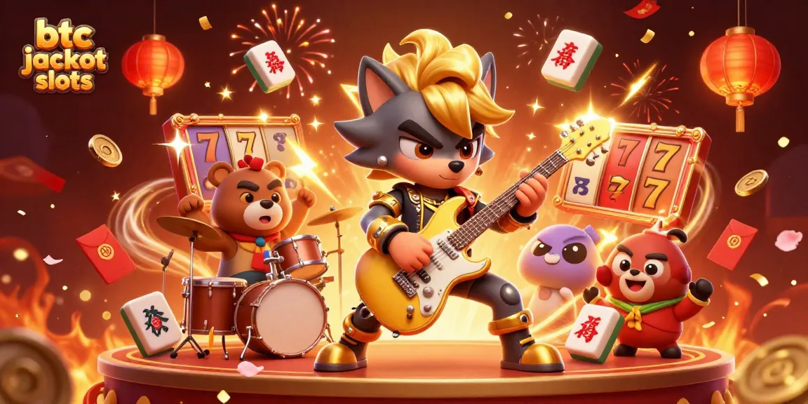 Engaging scene of btc jackpot slots featuring a rock star wolf and drummer bear in a vibrant casino.