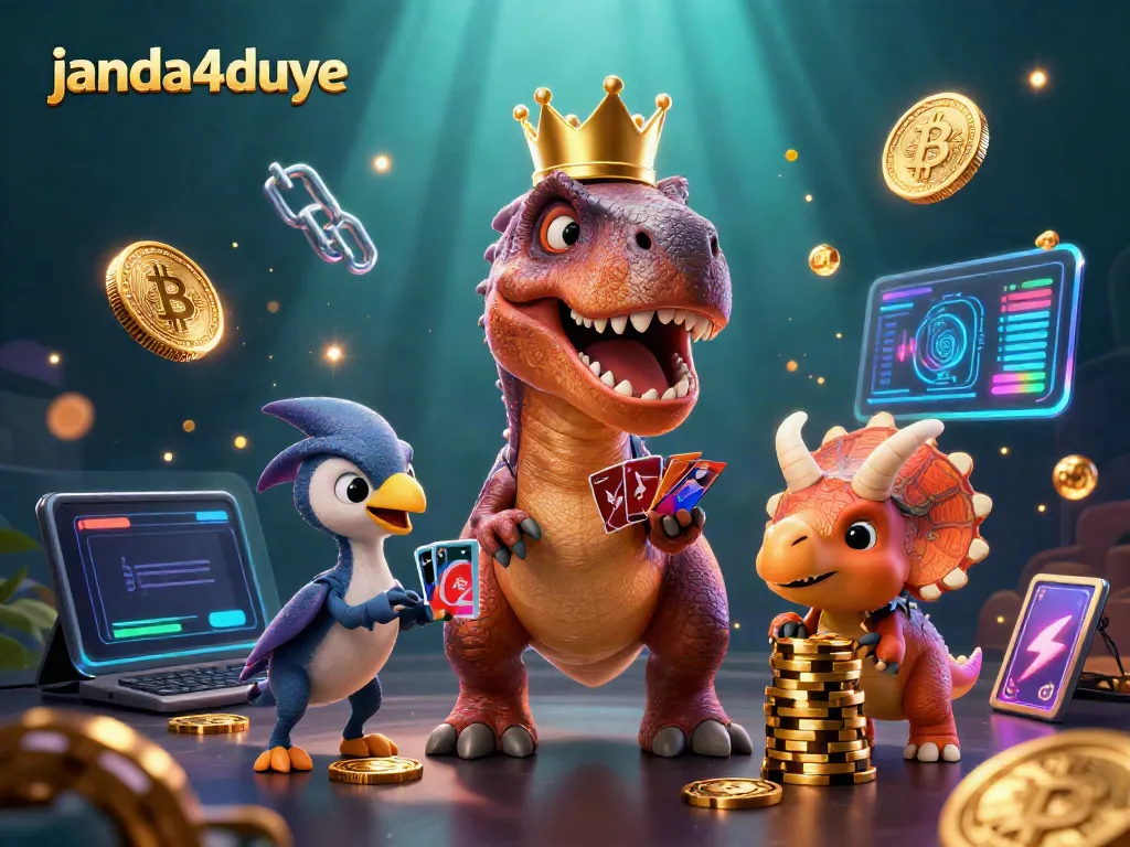Janda4duye menampilkan ilustrasi kartun 3D dengan T-Rex bermain kartu, pterodactyl membantu, dan triceratops menumpuk chip emas.