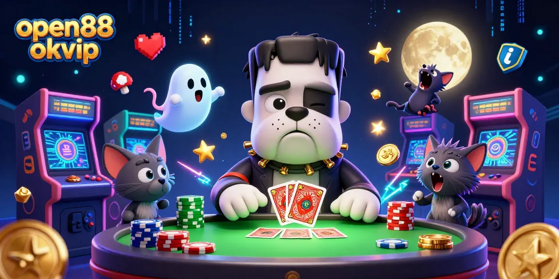 Engage with open88 okvip as a cartoon bulldog dealer plays cards amidst a vibrant casino scene.