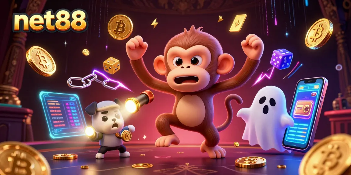 Experience net88's haunted casino with a playful poltergeist monkey juggling golden coins and a curious ghost-hunter puppy.