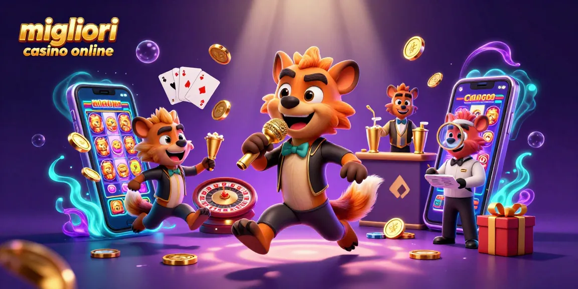 Visualizza i migliori casino online con un comico, un bartender e un buttafuori in un'illustrazione 3D