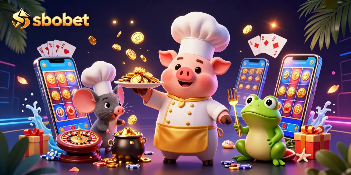 Experience sbobet's exciting slots action with a chef pig and a frog food critic in a vibrant casino scene.