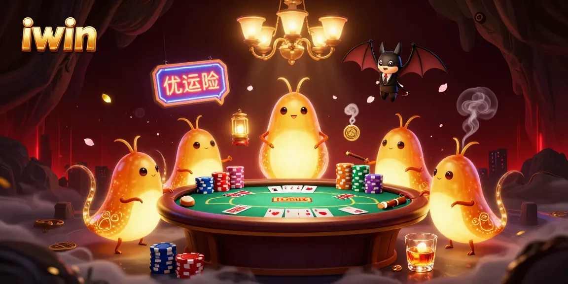 Join the excitement at iwin Casino with colorful glowworms lighting the way in a vibrant poker scene.
