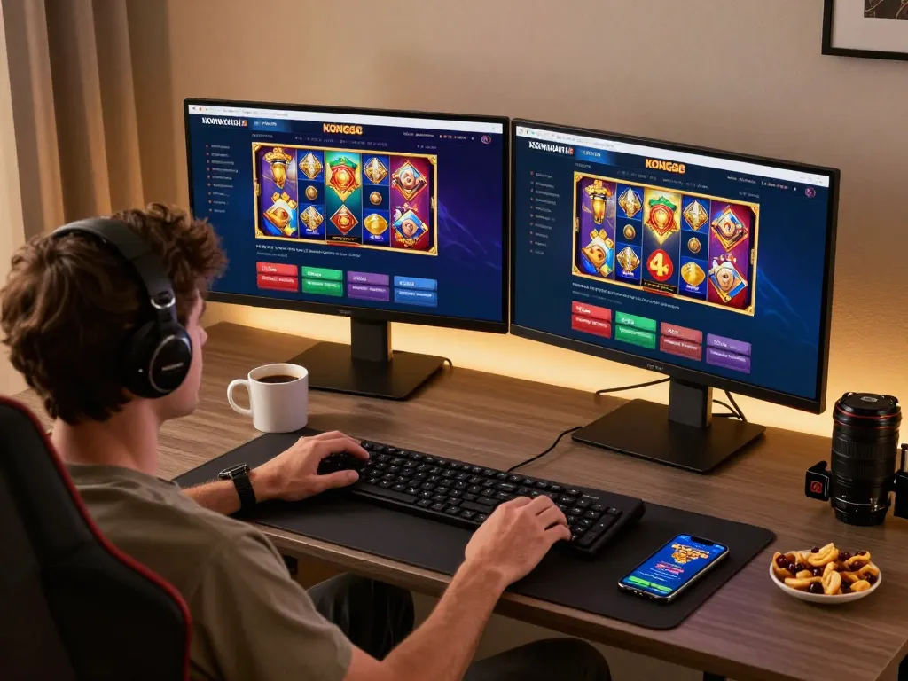 KONG88 player enjoying online gaming at home with vibrant casino interface displayed