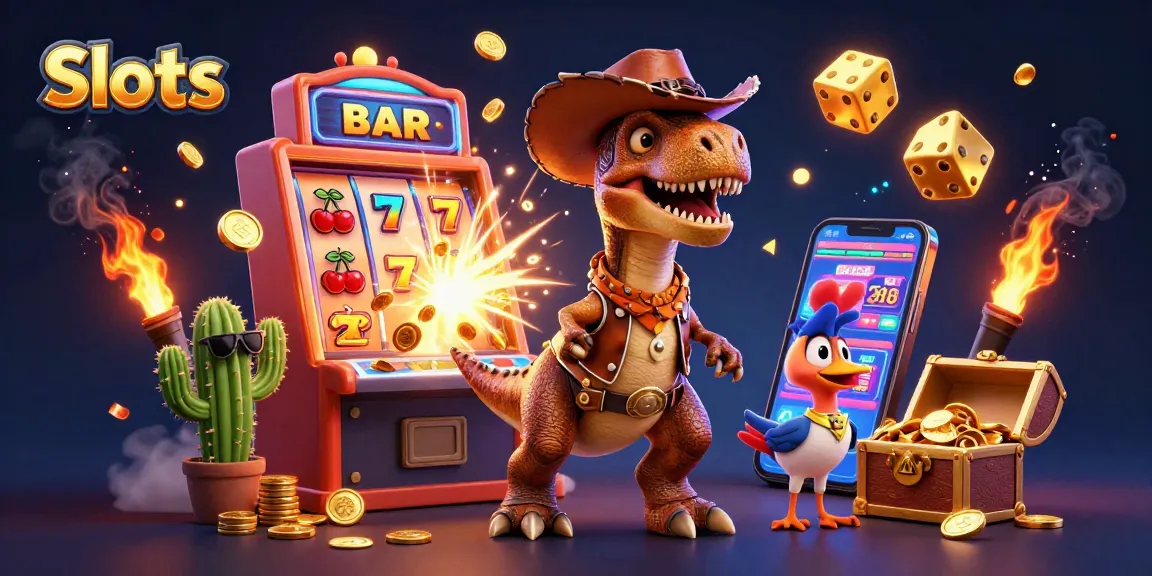 Experience thrilling Slots action with a T-Rex cowboy and friends in a vibrant 3D casino scene.