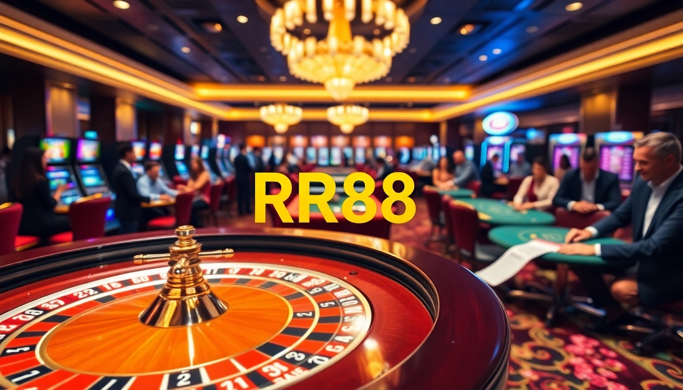RR88 casino scene with roulette, vibrant colors, and excited players engaging in betting.
