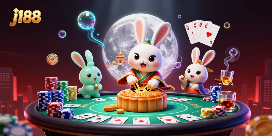 Experience j188's vibrant casino scene with playful moon rabbits and poker elements engaging the viewer.
