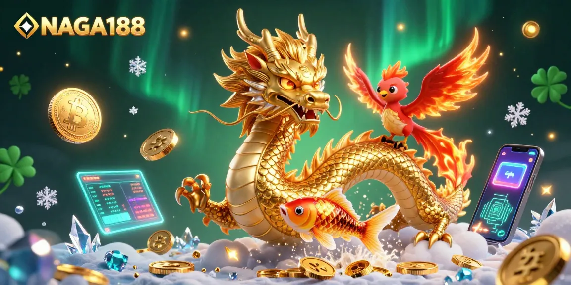 Menangkan permainan di NAGA188 dengan simbol keberuntungan dan desain menarik dalam ilustrasi 3D.