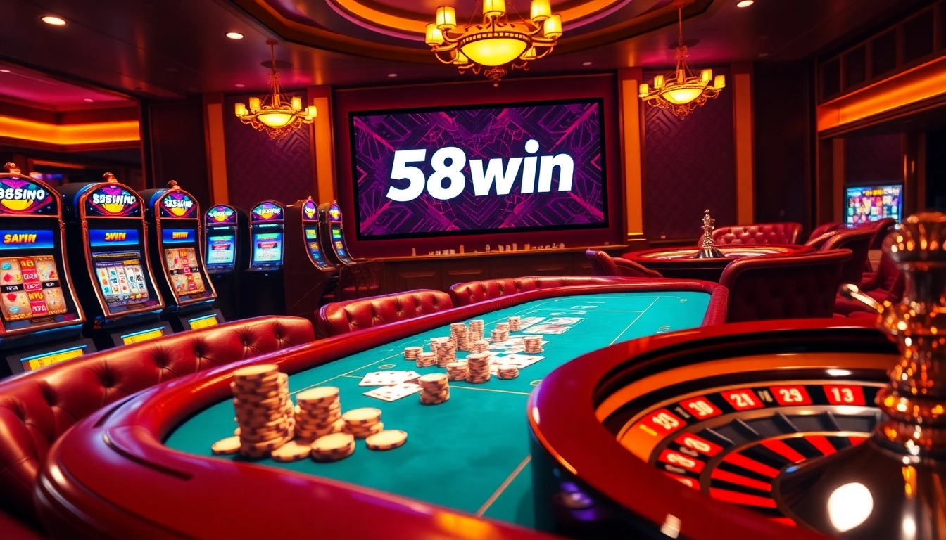 Experience the thrill of 58win casino gaming with vibrant tables, poker chips, and slot machines enhancing excitement.