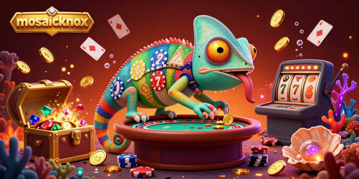 Experience thrilling gameplay action with mosaicknox as a vibrant chameleon casino owner oversees a colorful jackpot scene.