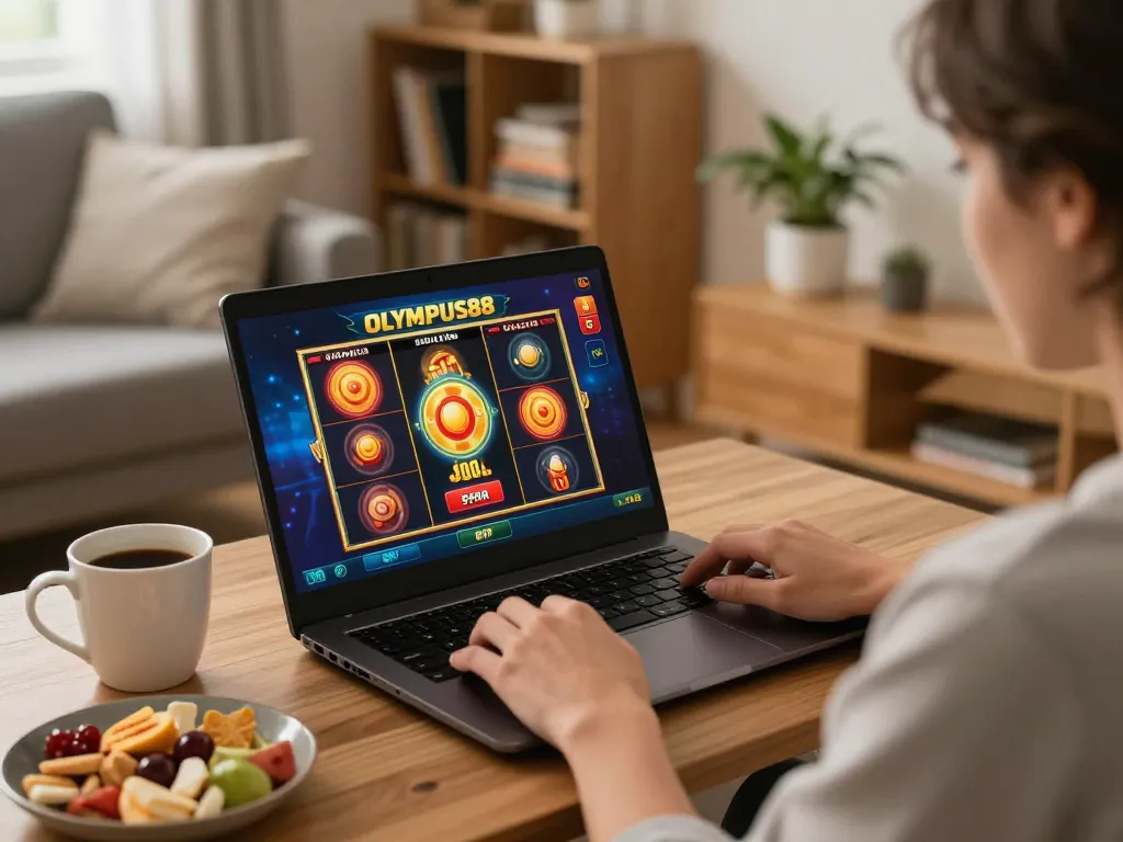 Engaging game play on OLYMPUS88 slot machine at home with warm lighting.