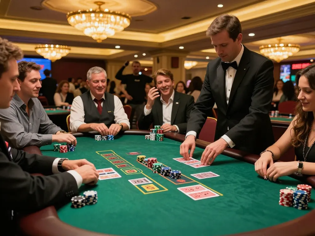 789F players strategizing at a blackjack table in a vibrant casino atmosphere