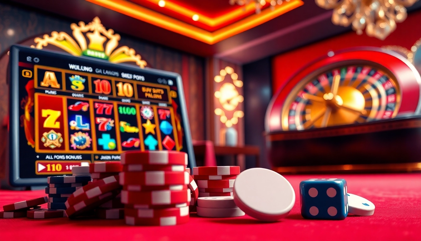 Suasana menarik dari aman788 slot online yang menampilkan mesin slot yang cerah dan elemen kasino.