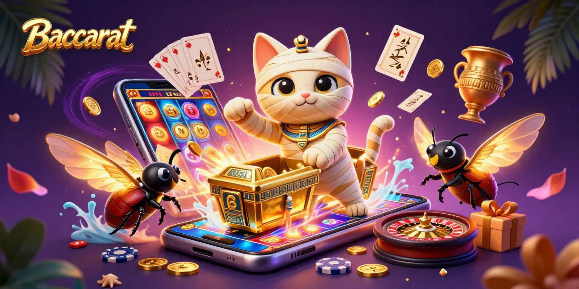 Baccarat game scene featuring a mummy cat and scarab beetle amid casino action, showcasing vibrant colors.