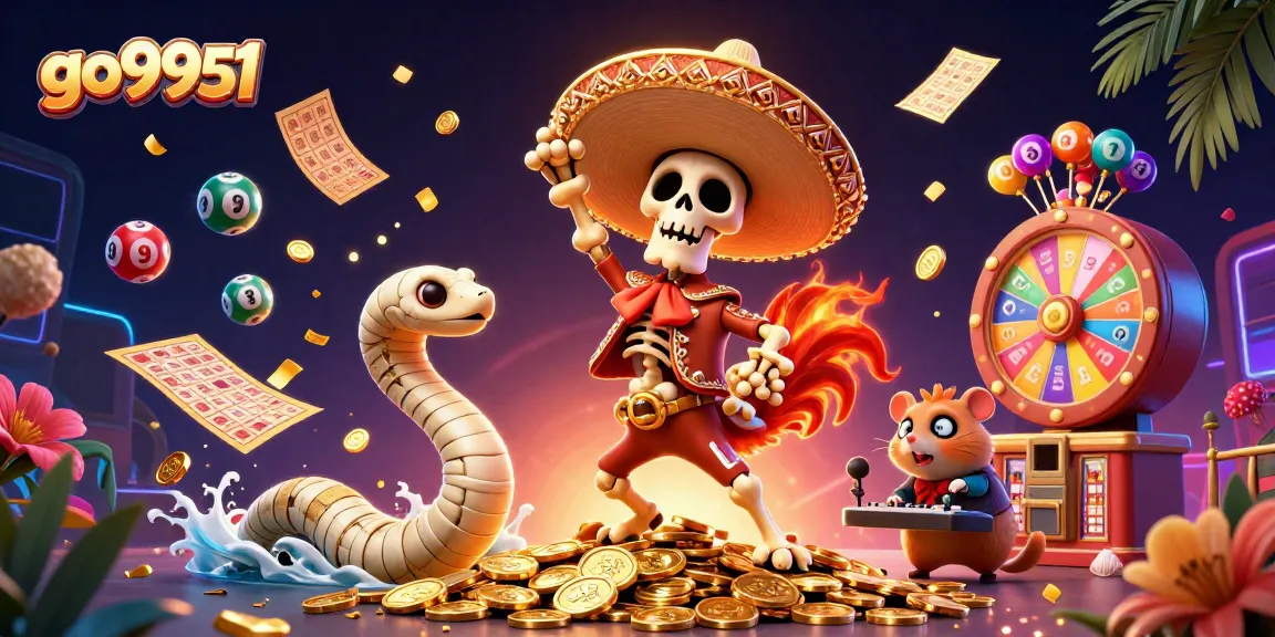 Experience the excitement of go9951 with a vibrant casino celebration featuring dancing characters and lottery elements.