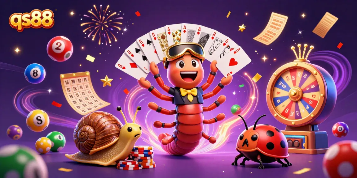 Experience the excitement of qs88 with a dynamic casino scene featuring a colorful dealer, high-roller snail, and creative gambling elements.