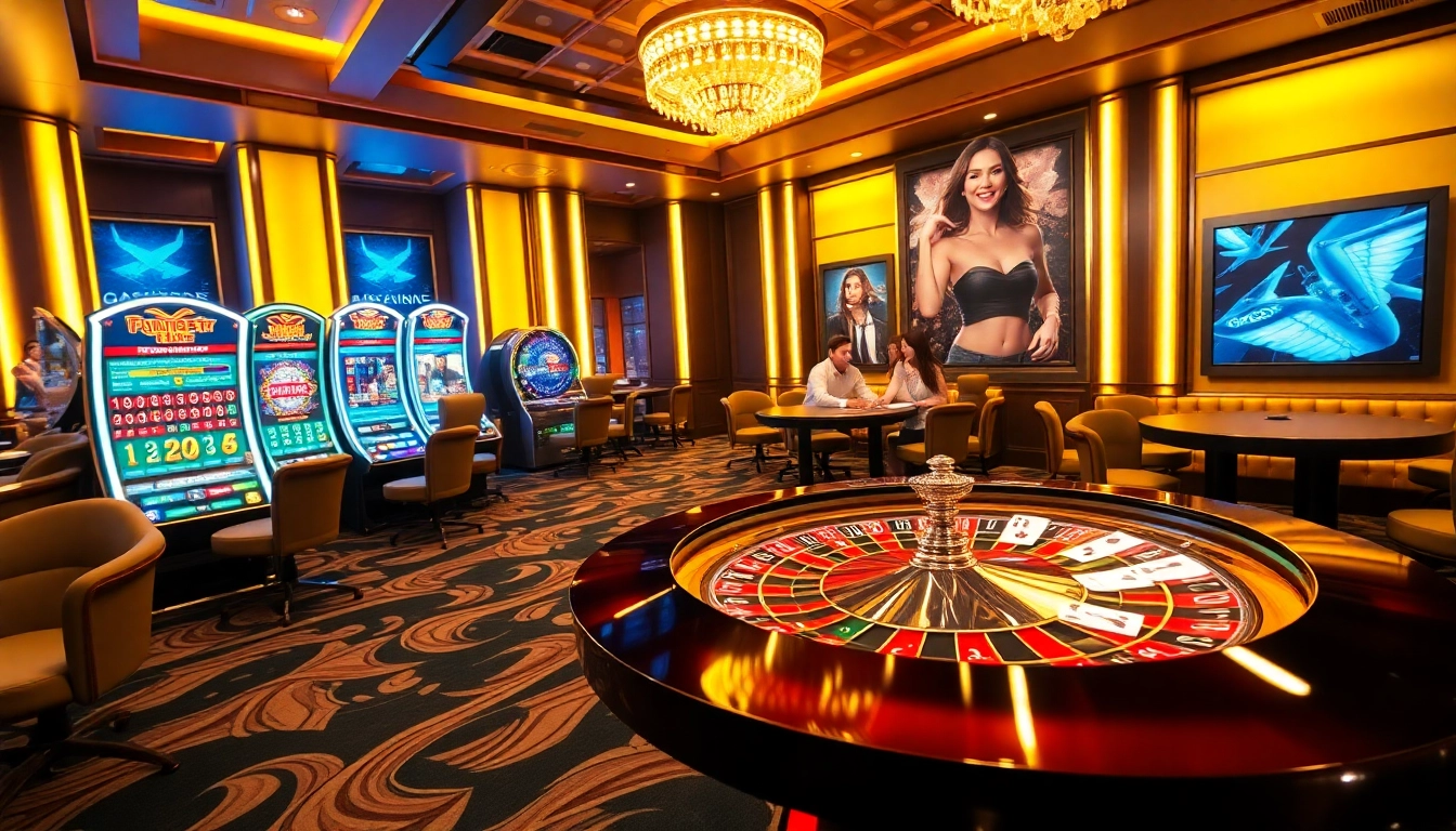 FLY88 casino scene showcasing roulette, poker chips, and slot machine excitement.