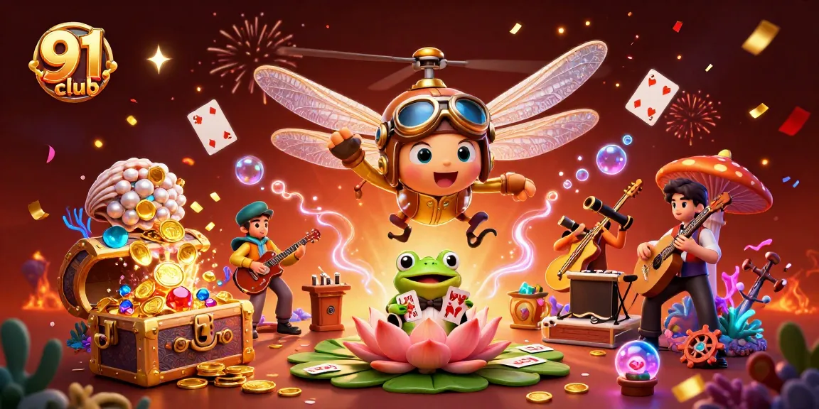 Engage with the 91 club in a vibrant casino-themed illustration showcasing a lively scene of games, characters, and excitement.