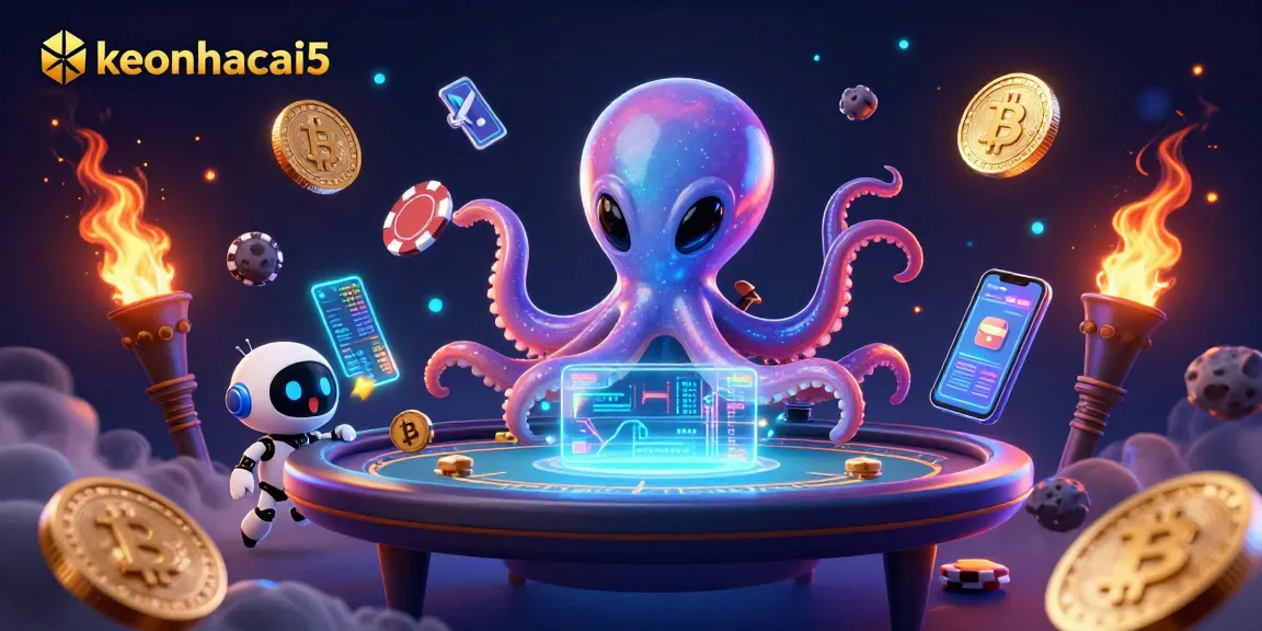 Engage in thrilling poker action with keonhacai5, featuring a vibrant alien octopus and crypto elements.