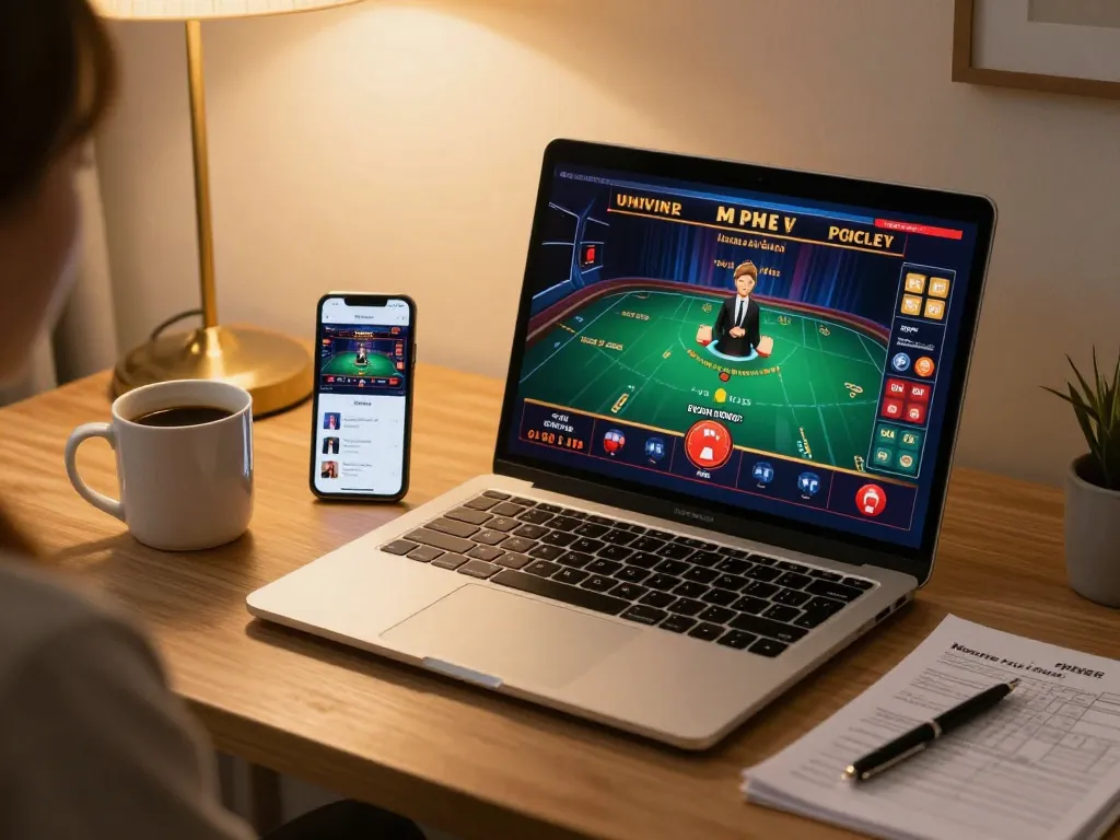 Engaging online gaming scene from dacsandatphanrang.com featuring a laptop and mobile app for betting.