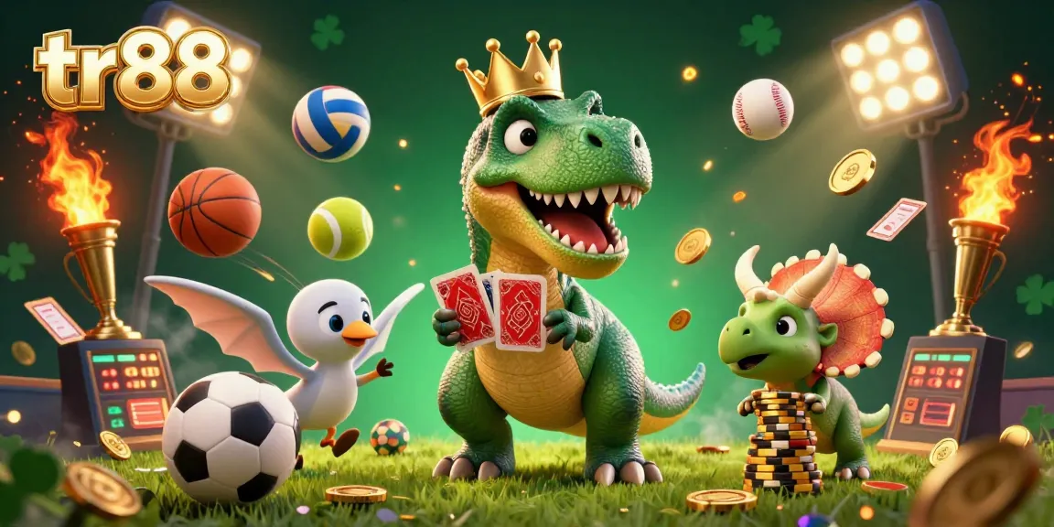tr88 shows a T-Rex and friends in a vibrant online casino scene, shuffling cards and stacking chips.