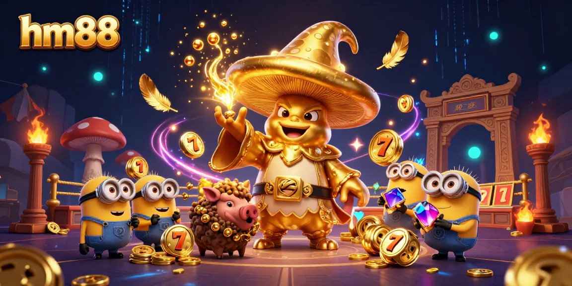 Experience thrilling slots with hm88 in a magical casino scene featuring vibrant characters and dynamic gameplay elements.