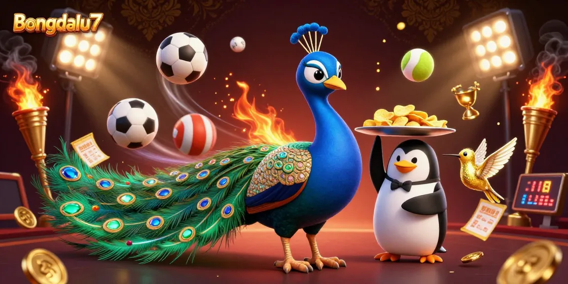 Bongdalu7 showcases an animated scene with a peacock, penguin, and hummingbird amidst sports elements, impacting gamers.