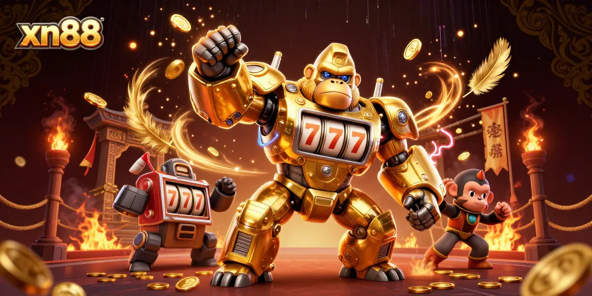Spin and win with xn88's vibrant gambling world featuring a golden gorilla mech.