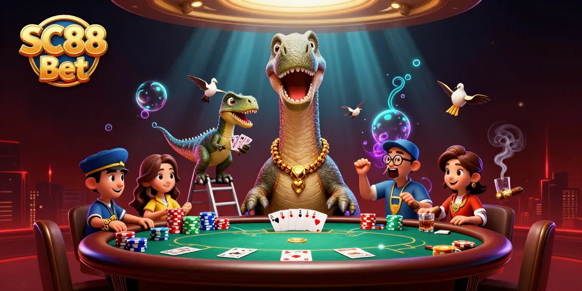 Engage in a thrilling card game experience at SC88 Bet with a whimsical 3D dinosaur theme.
