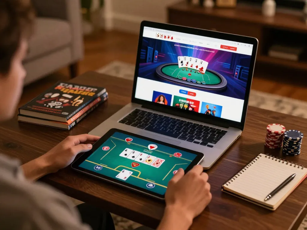 hello88 player strategizing on tablet in elegant home casino setting, focused on game