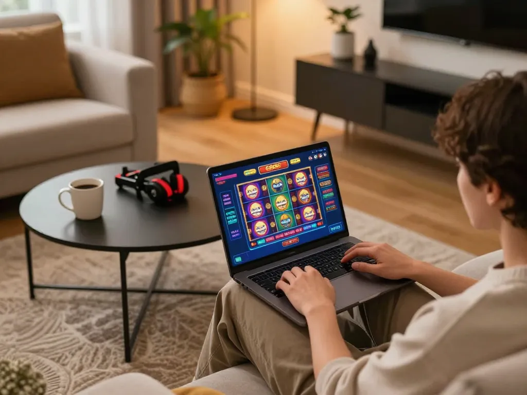 Engaging user playing gg88 slot games on a laptop in a cozy living room.