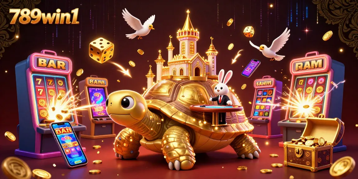 Experience the excitement at 789win1 with a vibrant casino illustration featuring gold coins, slot machines, and a lively dealer.