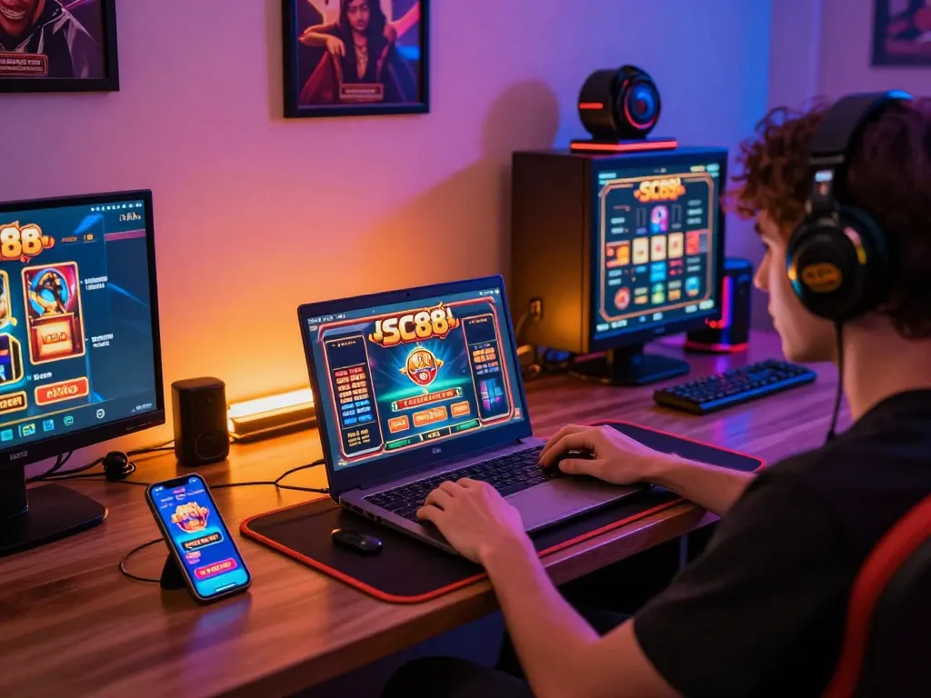 Player enjoying online slots with SC88 Gold, engaging gameplay and vibrant lighting in a cozy environment.