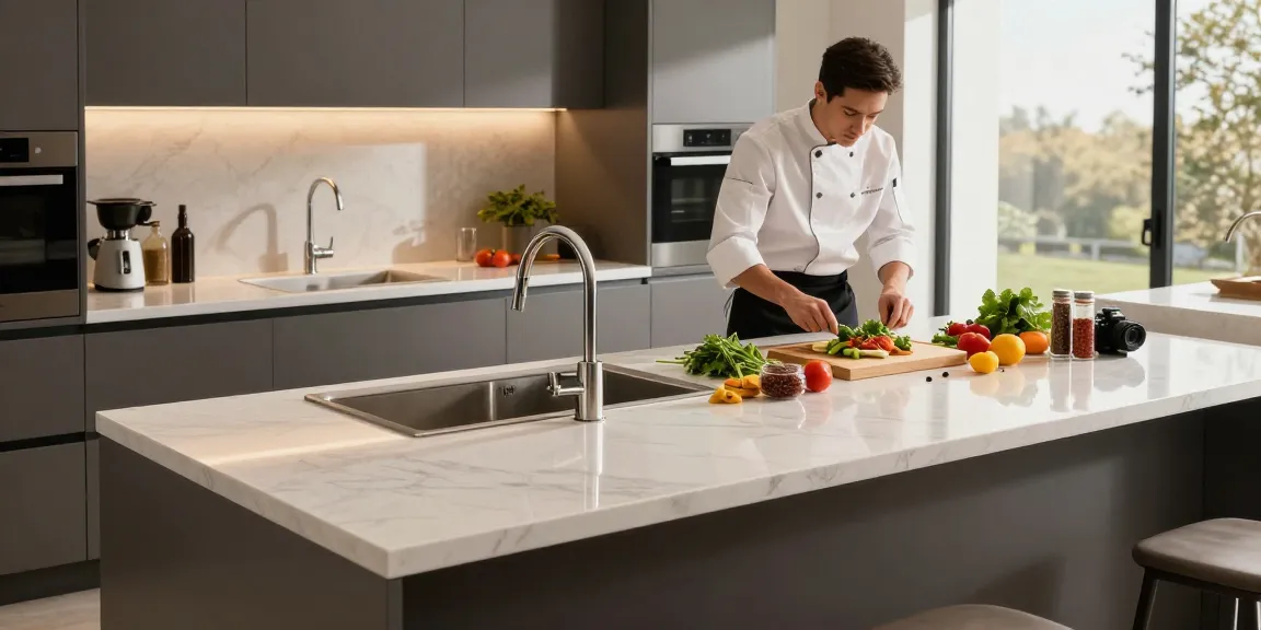 Contemporary kitchen with solid surface countertops company providing a luxurious cooking environment for meal preparation.