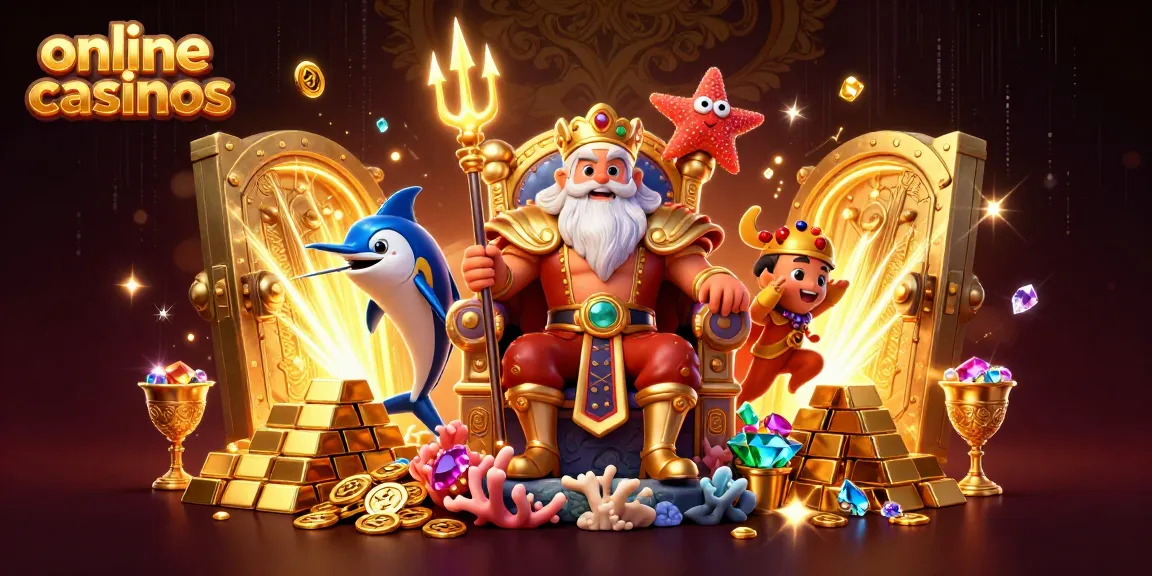 Experience online casinos with Neptune and treasure elements in a vibrant 3D scene.