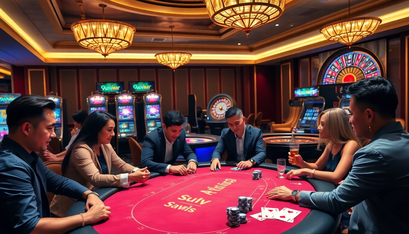 Engaged players enjoying Sunwin casino games at a vibrant gaming table, with thrilling atmosphere.