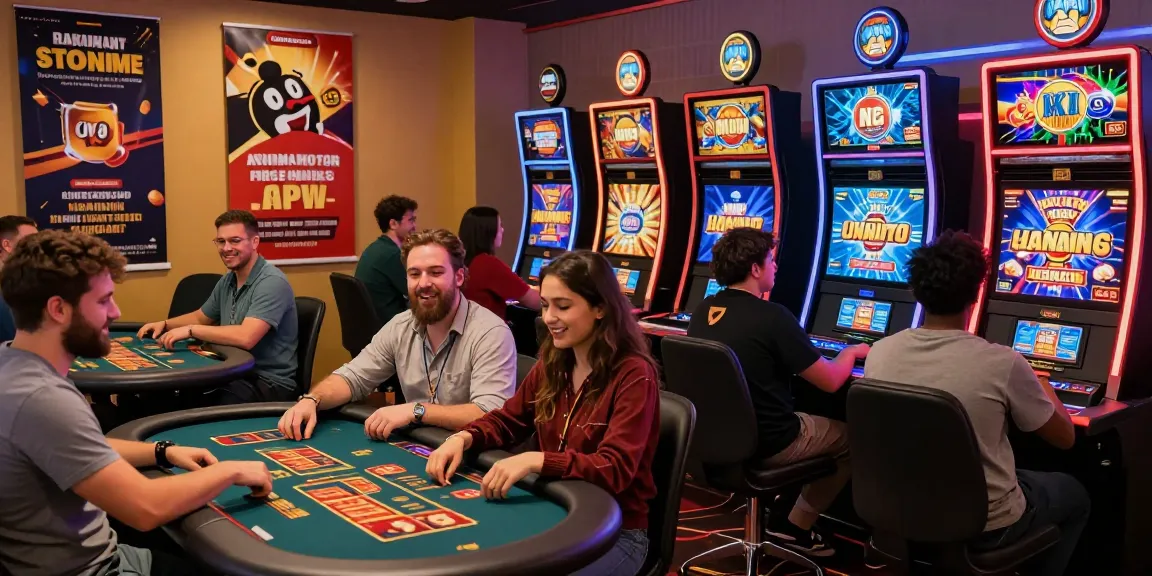 Exciting gaming atmosphere at non Gamstop casinos, featuring diverse players enjoying slots and table games at vibrant stations.