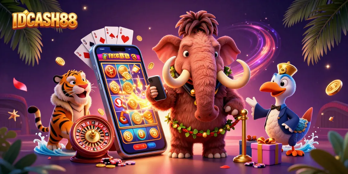 Experience the thrill of IDCASH88 with a vibrant scene featuring unique casino characters and games.
