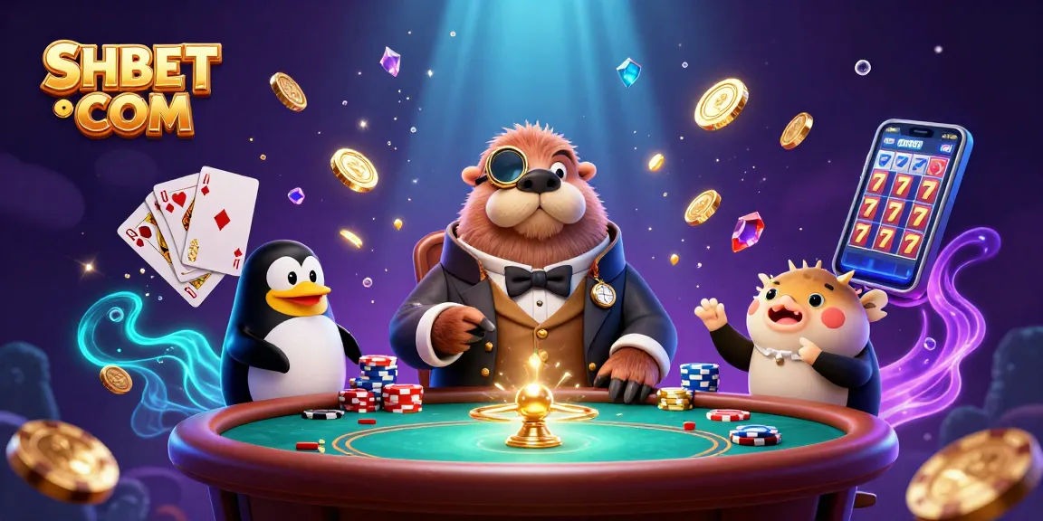Experience exciting gambling with SHBET COM's jolly walrus at an underwater poker table.