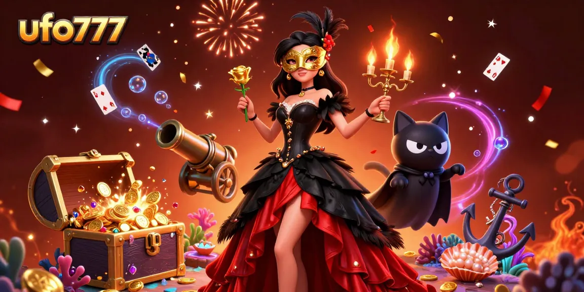 Experience thrilling gameplay at ufo777 with golden treasures and vibrant casino elements in a mesmerizing illustration.