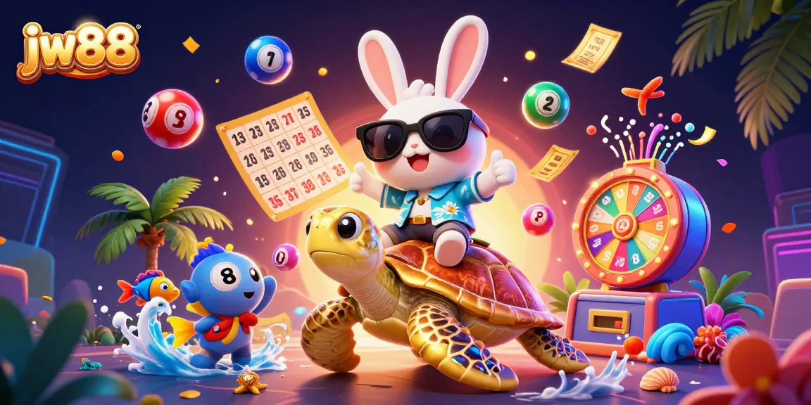Join the excitement of jw88 with a colorful dynamic scene featuring a lucky rabbit, golden turtle, and engaging lottery elements.