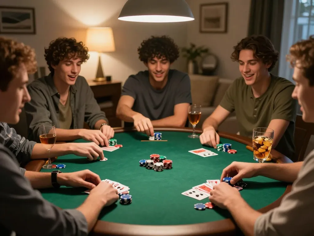 Players enjoying a friendly poker night at home, strategizing their bets with MM88 chip stacks visible.